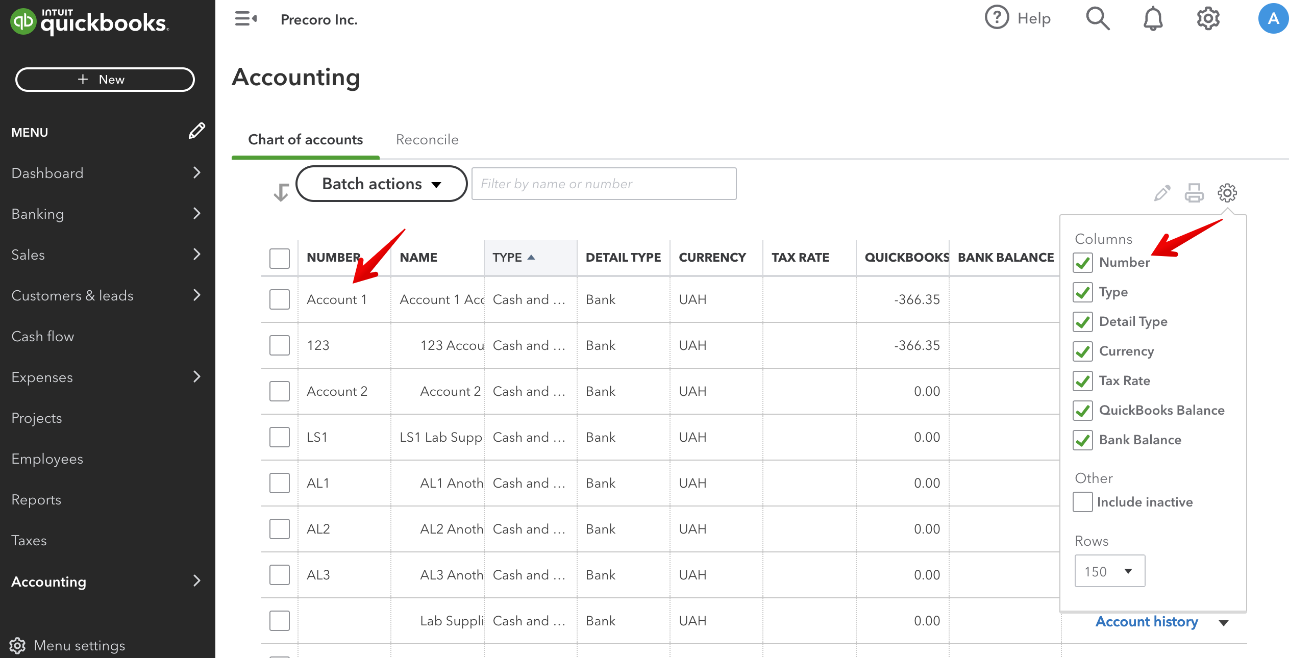 Chart of Accounts, Classes, Customers, Billable Fields, and Projects in